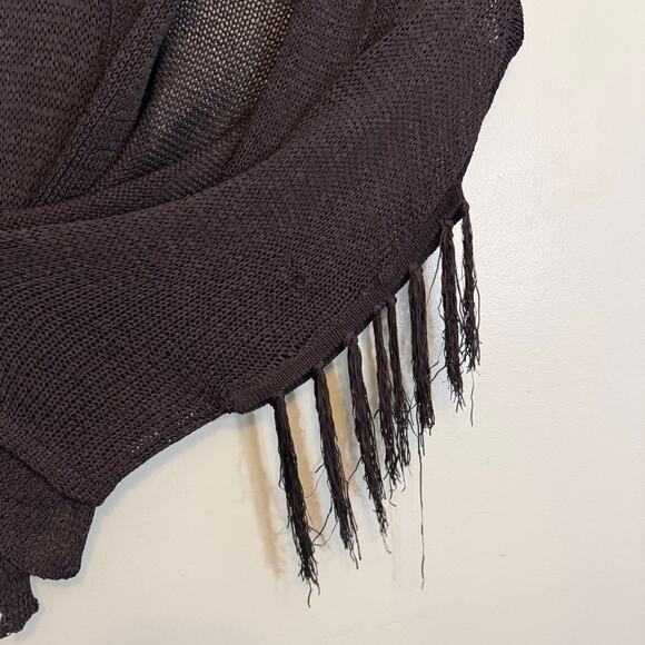 Bebe Poncho Cardigan Women M Black Fringed Shawl Collar Open Knit Sweater Winter - Picture 6 of 9